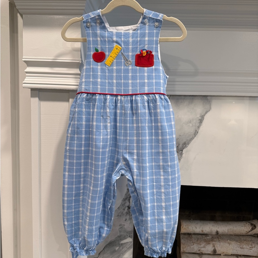 The Bailey Boys Blue Gingham Appliqué Longall / Bubble Romper | Size 24m